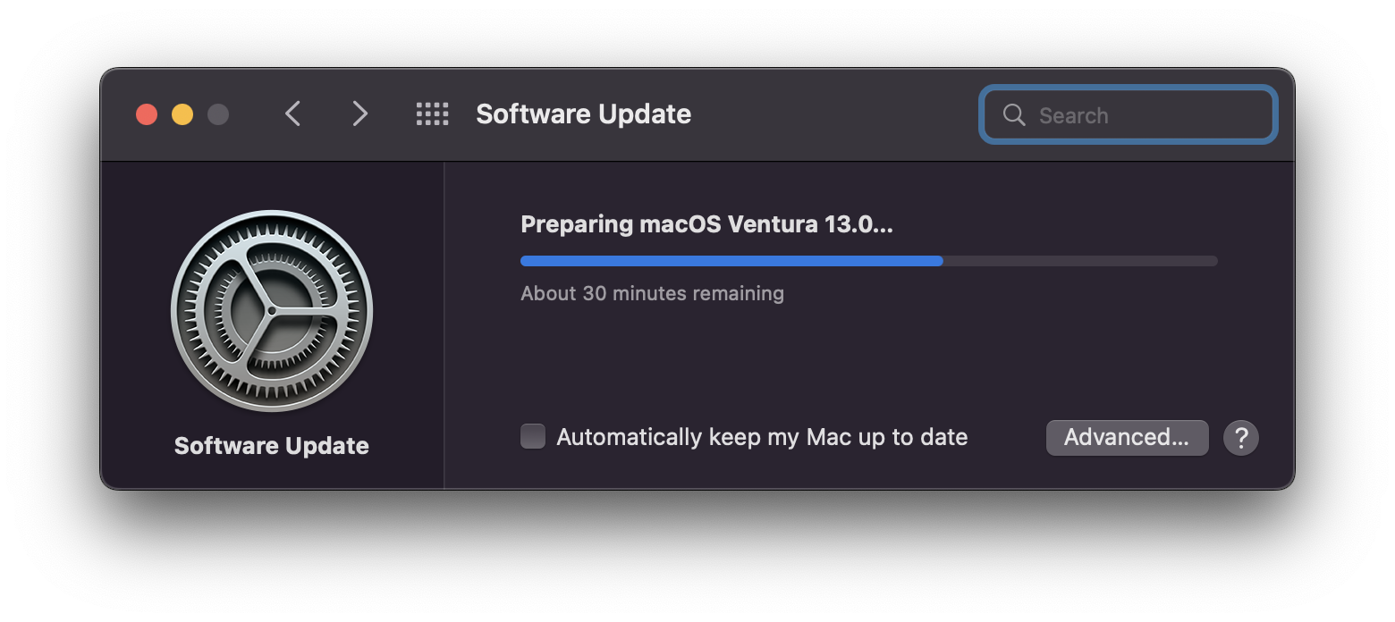 Preparing macOS Ventura 13.0...About 30 minutes remaining